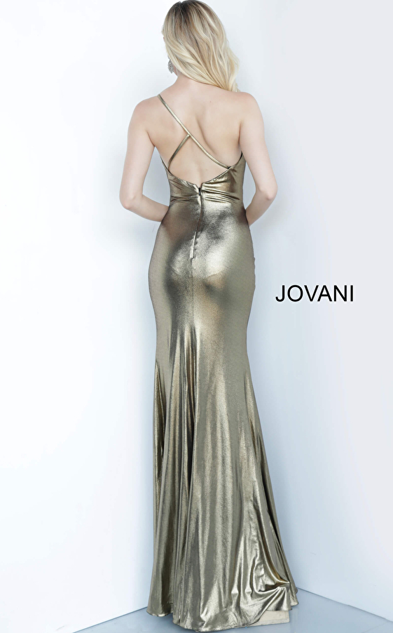 Jovani 1636 Gold Fitted High Slit Backless Gown