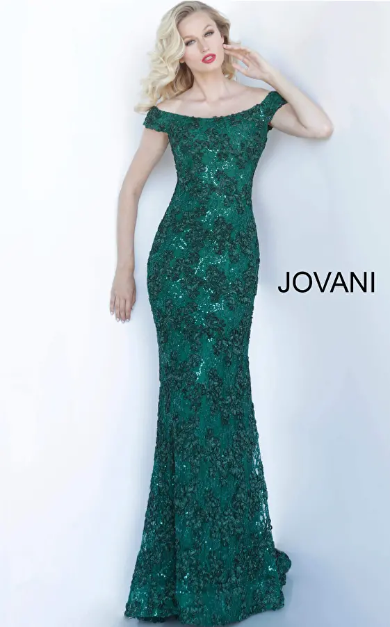 jovani Jovani 1910 Emerald Off the Shoulder Fitted Mother of the Bride Dress 