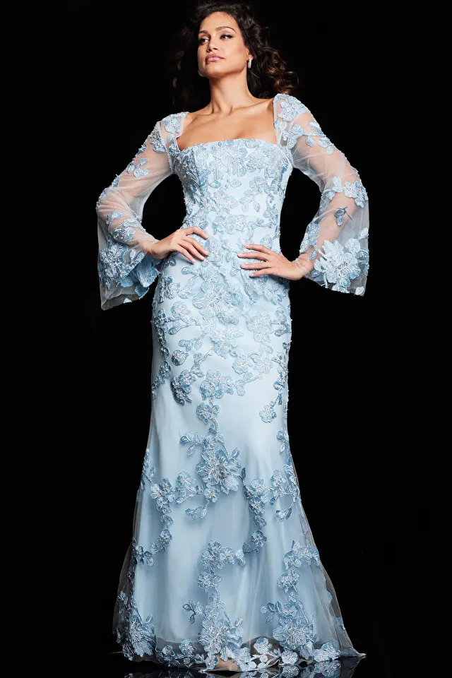 Off-White Glitter Net Gown Embellished with Sequins and Ruffle Sleeves