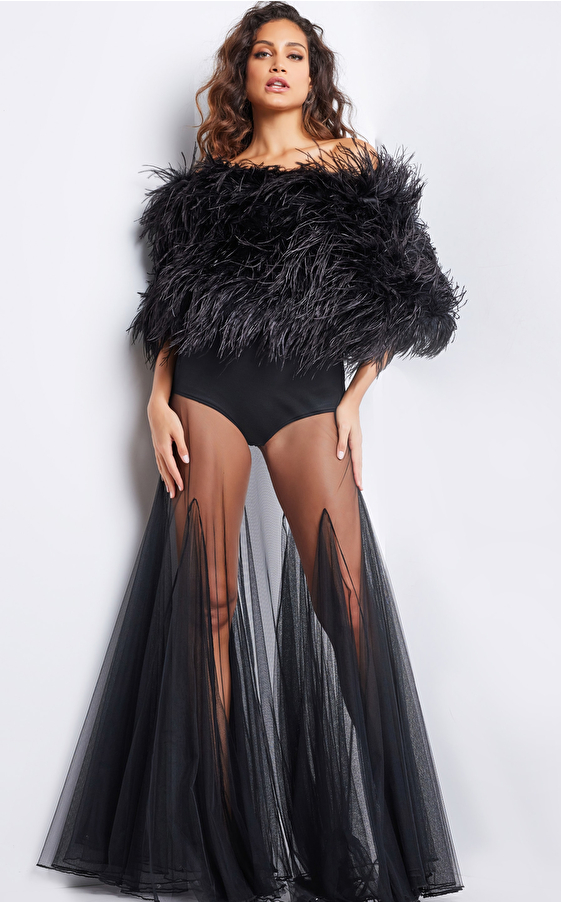 jovani Black Feather Bodice Illusion Gown 23305