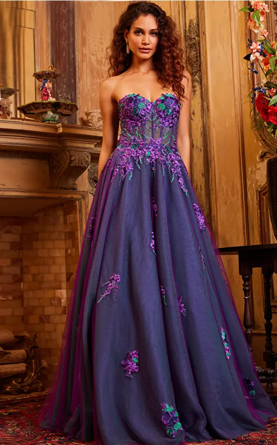 jovani Jovani 23578 Purple Multi Strapless Embroidered Evening Gown