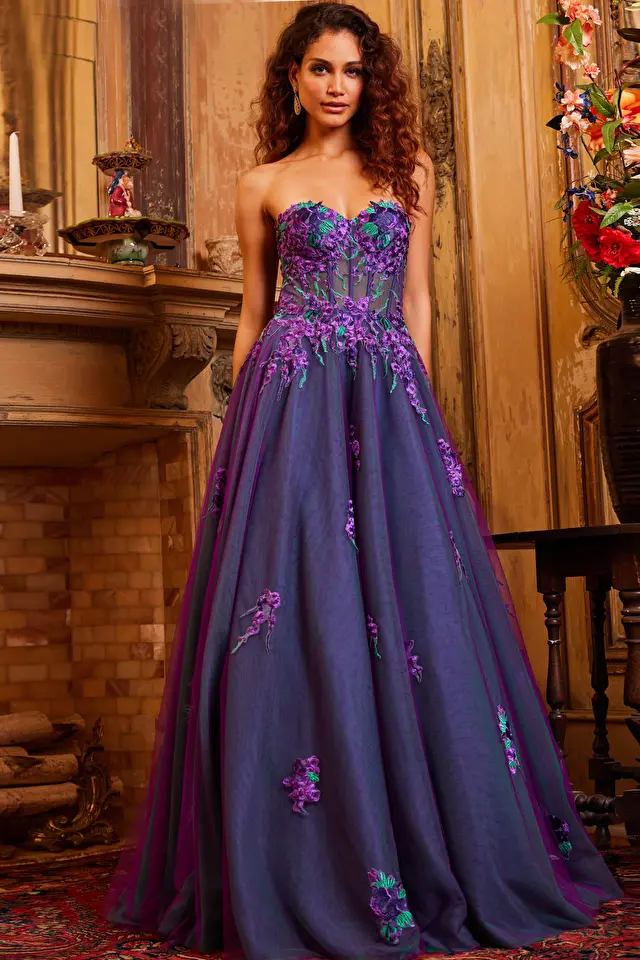 jovani Jovani 23578 Purple Multi Strapless Embroidered Gown