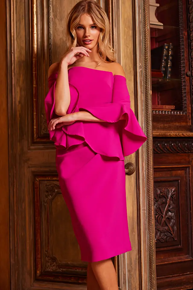 Model wearing Jovani style 23645 pink dress
