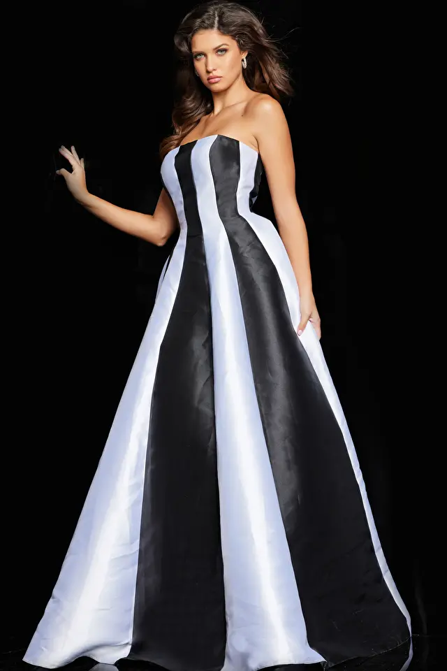 Model wearing Jovani style 23728 strapless dress