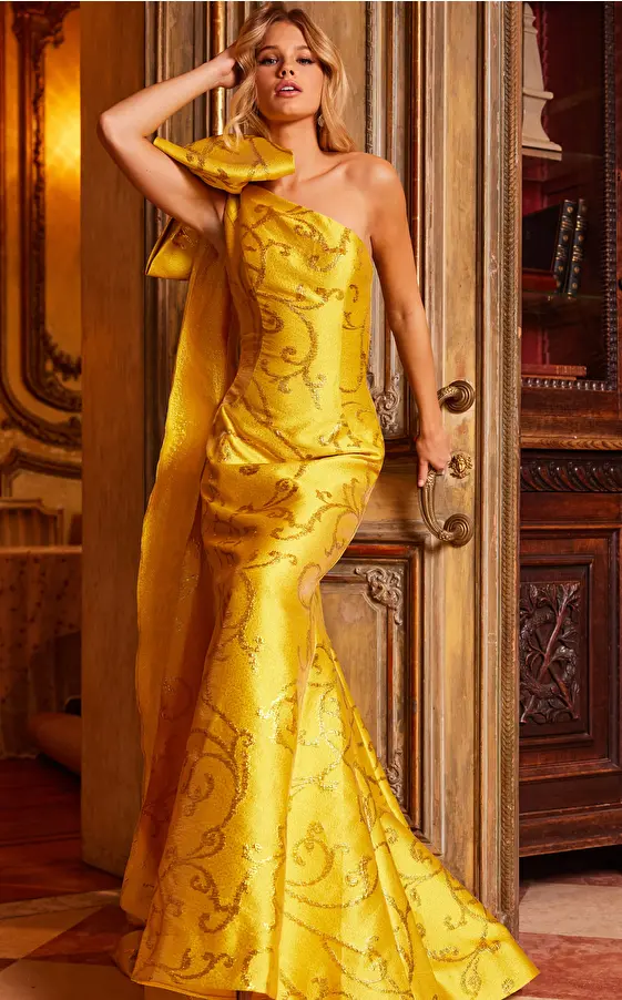 jovani Jovani 23742 Yellow One Shoulder Mermaid Evening Gown