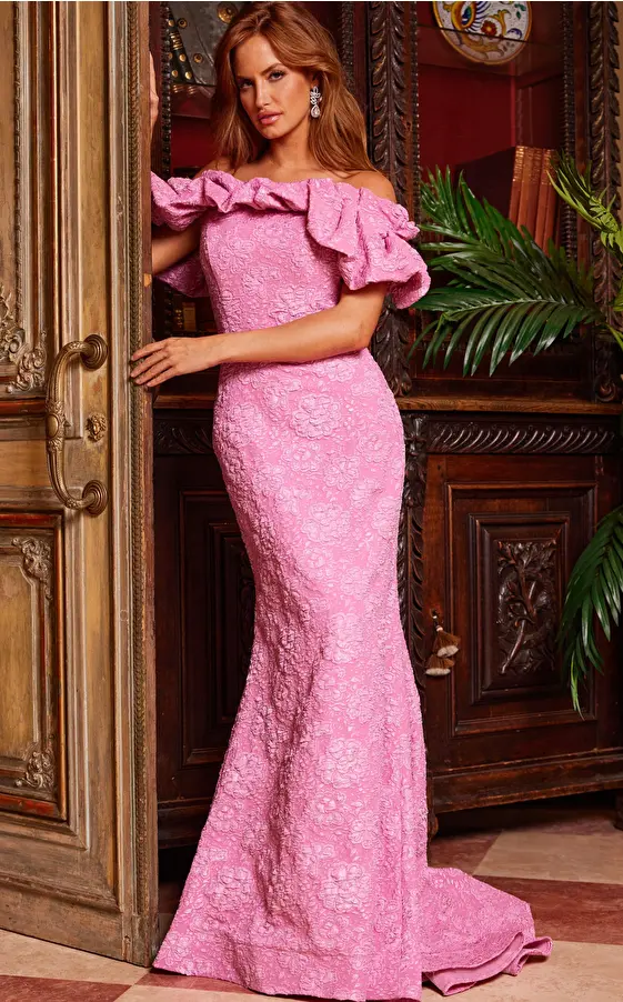 Jovani 23847 Pink Floral Off the Shoulder Evening Gown