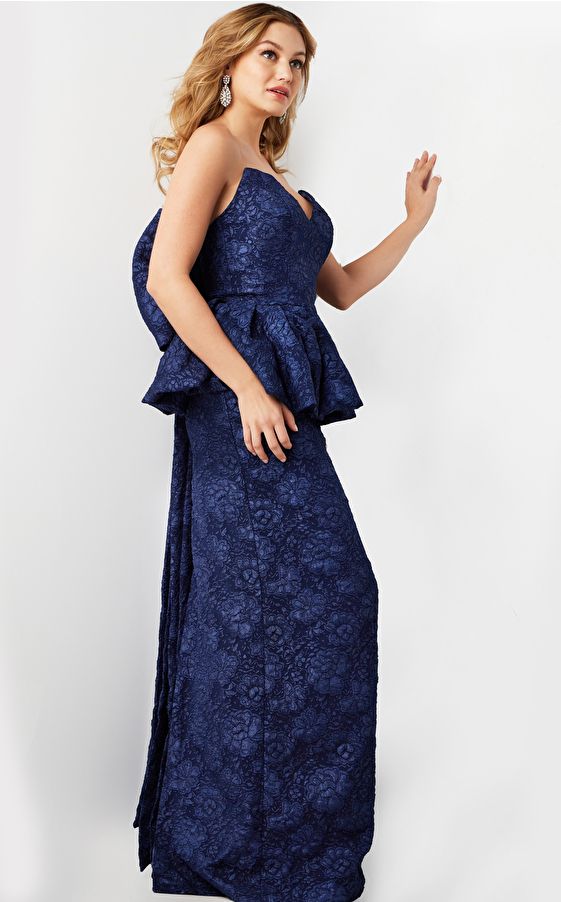 Navy Strapless Lace Gown 23849
