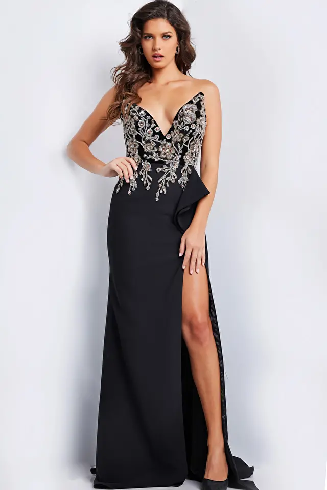 Model wearing Jovani style 23938 black prom dress