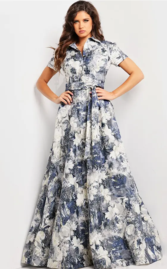 Print Short Sleeve A Line Gown 25664