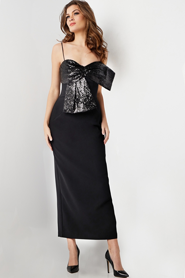 Model wearing Jovani style 25745 black prom dress
