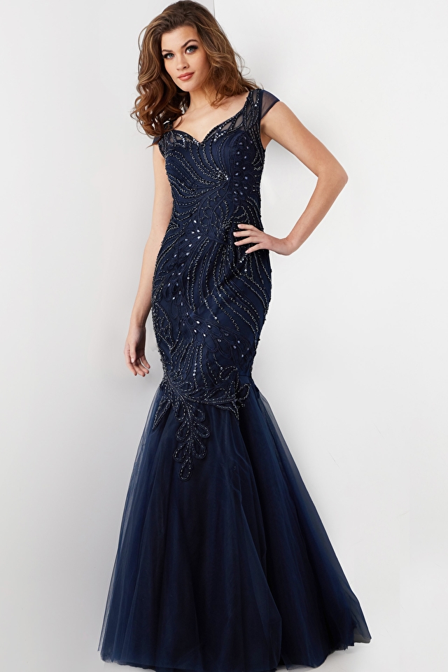 Model wearing Jovani style 25850 mermaid dress