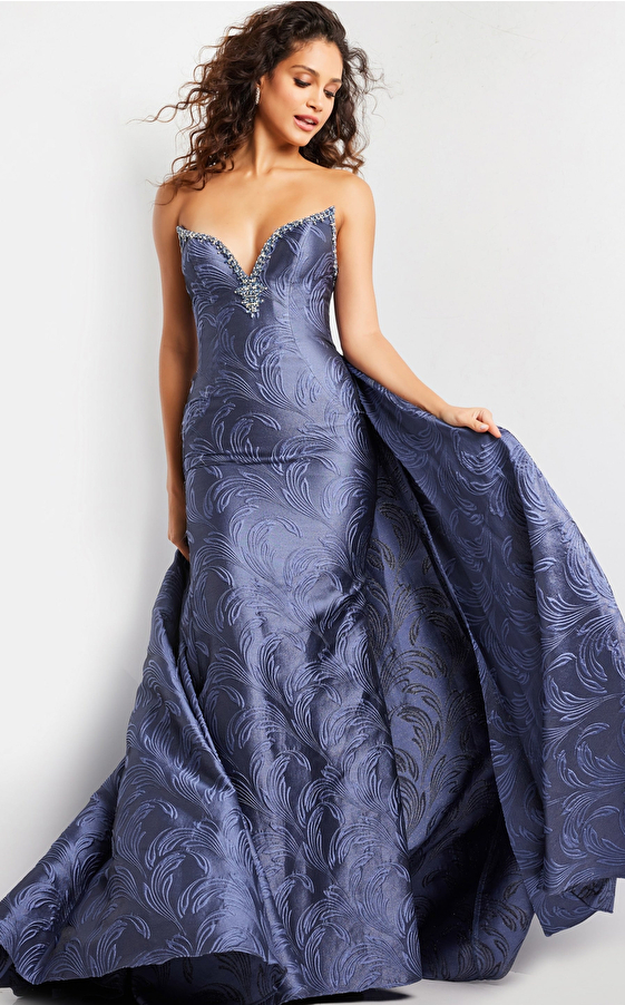 greay blue plunging neck gown 26115