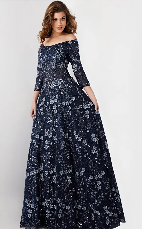 Navy Floral Embroidered Off the Shoulder Gown 26331