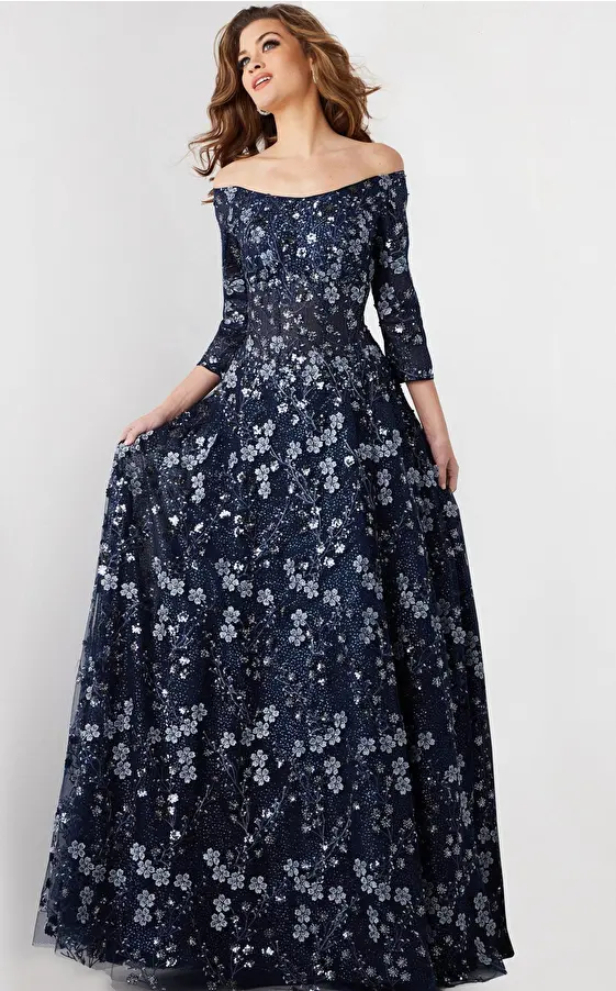 jovani Navy Floral Embroidered Off the Shoulder Gown 26331