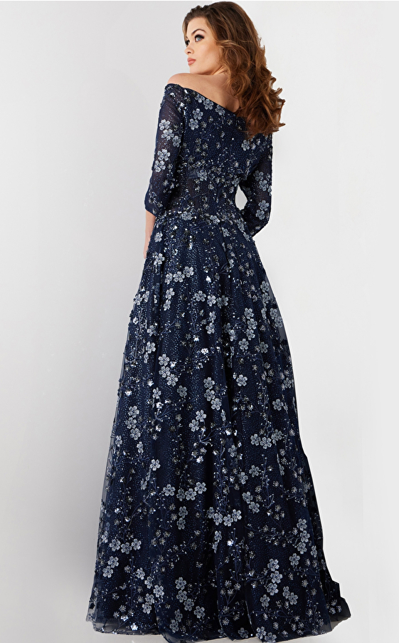 Navy Floral Embroidered Off the Shoulder Gown 26331