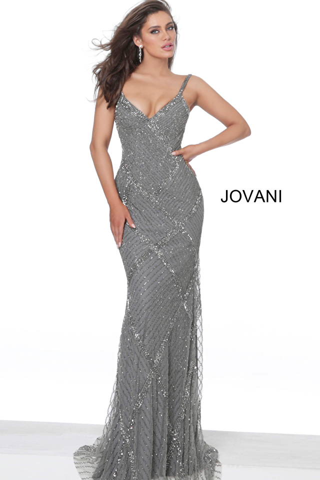 Jovani Dress 2727 | Grey Beaded Fitted V-Neck Evening Dress
