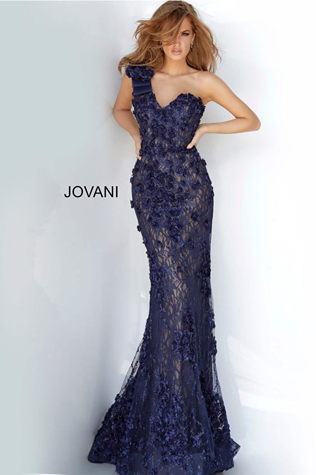Model wearing Jovani style 3375 one shoulder dress