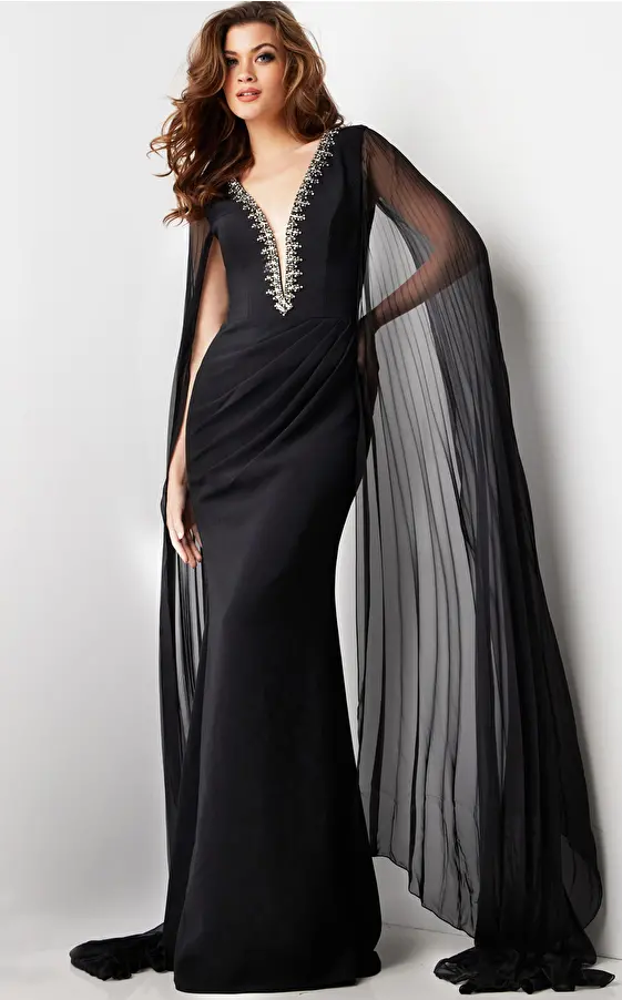 Black Low Embellished V Nek Sheath Gown 36473