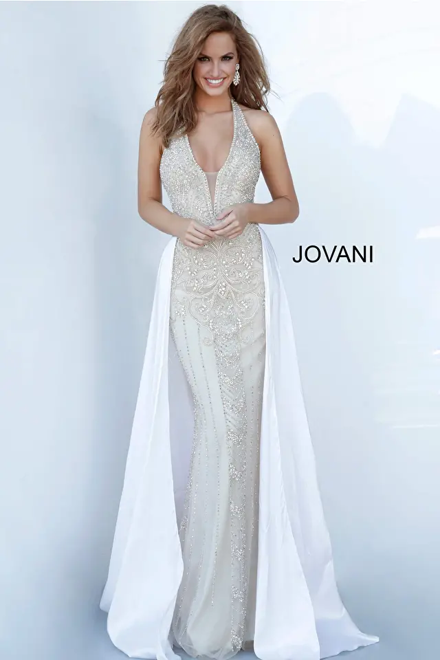 Model wearing Jovani style 3698 beige dress