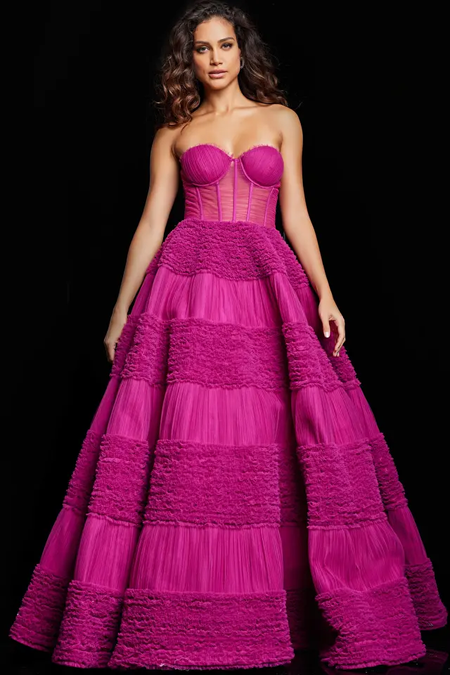 jovani Raspberry Tulle Corset Bodice A Line Gown 37157