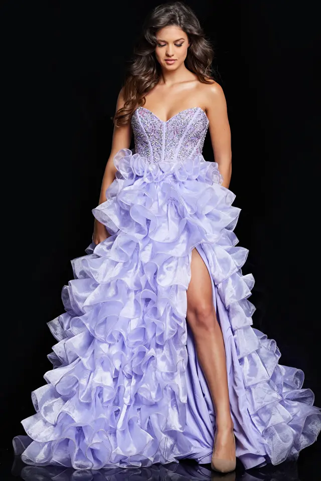 Model wearing Jovani style 37322 purple prom dress