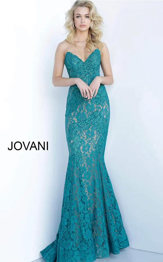jovani Jovani 37334 Emerald Strapless Fitted Lace Evening Dress 