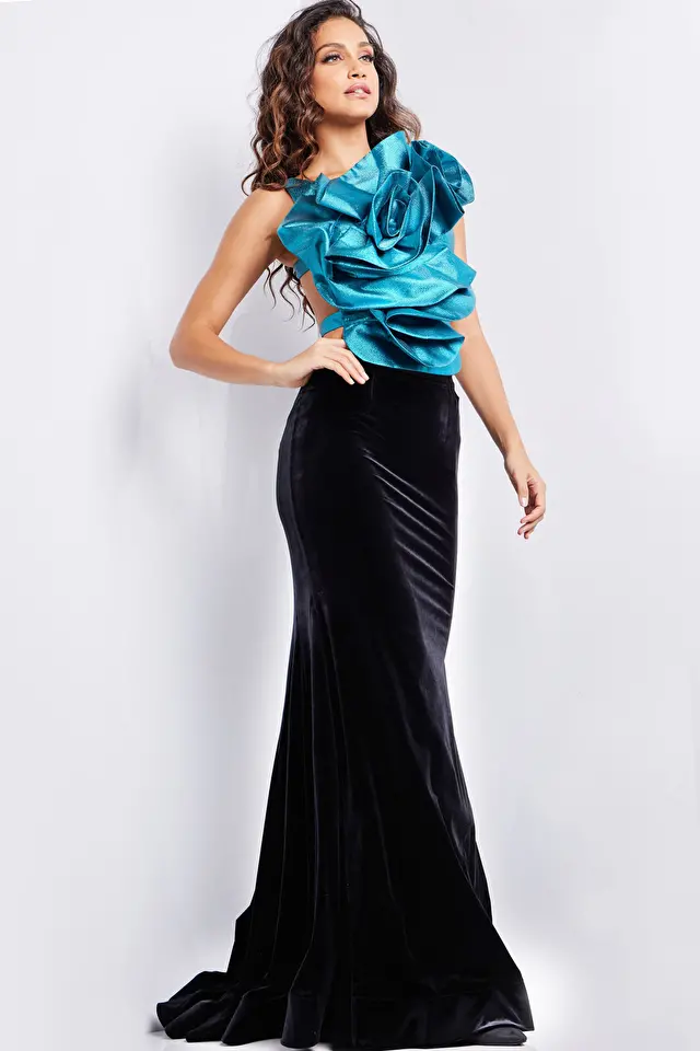 Model wearing Jovani style 37363 contemporary dress