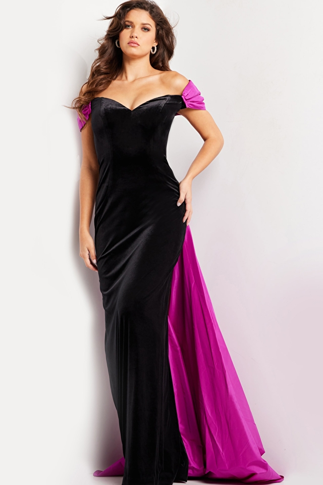 Model wearing Jovani style 37375 fitted prom dress