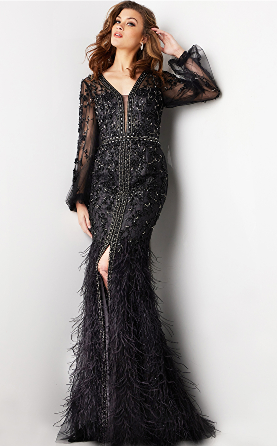 jovani Black Feather Skirt Long Sleeve Gown 37558