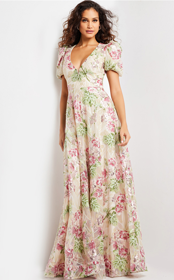 v neckline floral formal dress 37636