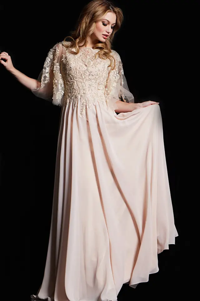 Model wearing Jovani style 38622 blush dress