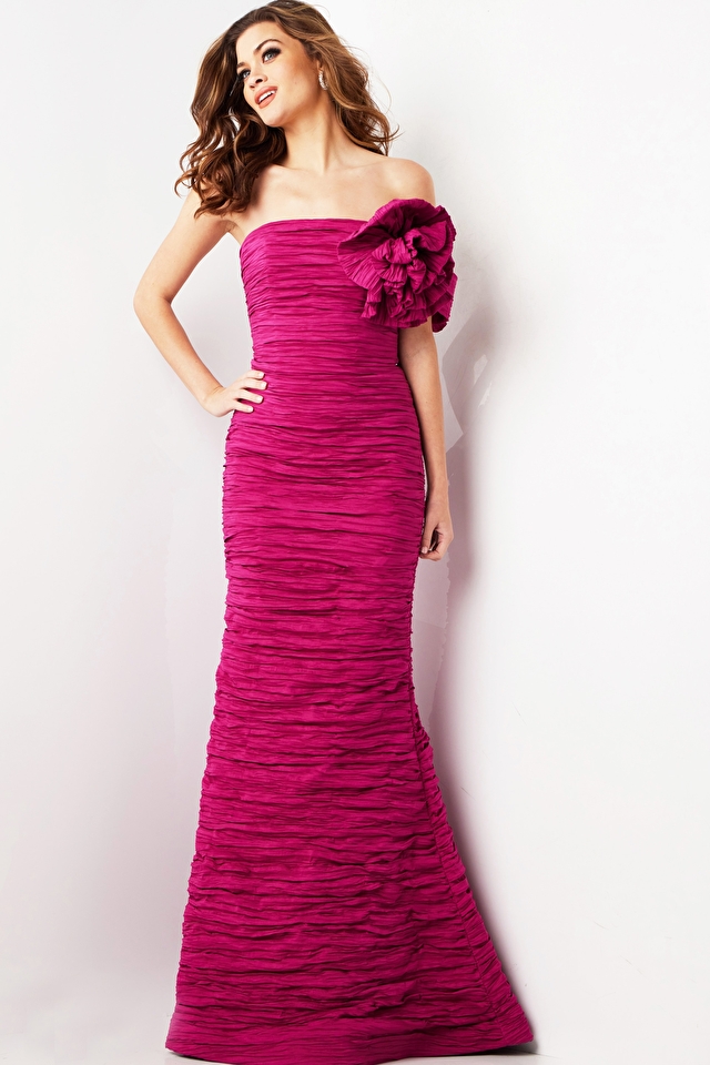 jovani Fuchsia Off the Shoulder Crinkle Long Gown 38947