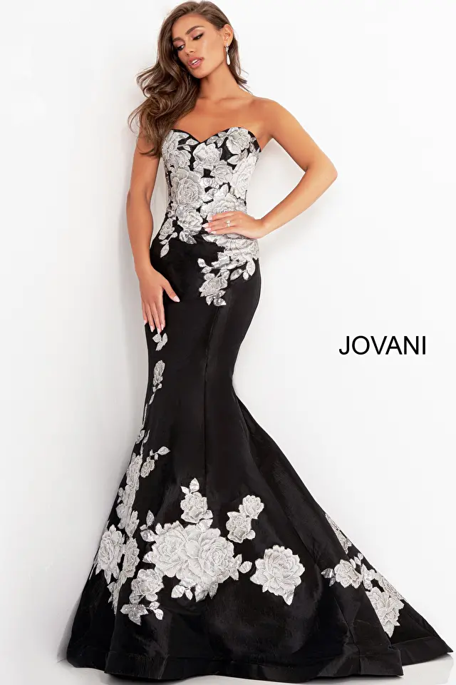 jovani Jovani 3917 Black Silver Floral Mermaid Evening Dress