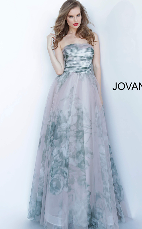 jovani Jovani 4434 Print Pleated Bodice Strapless Gown 
