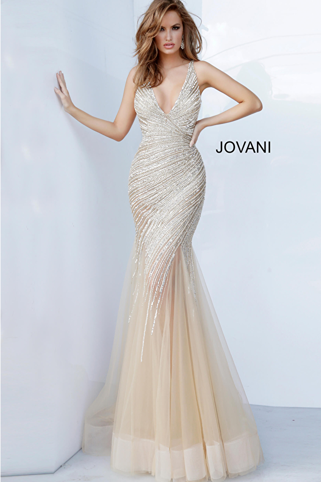 Model wearing Jovani style 4741 mermaid prom dress