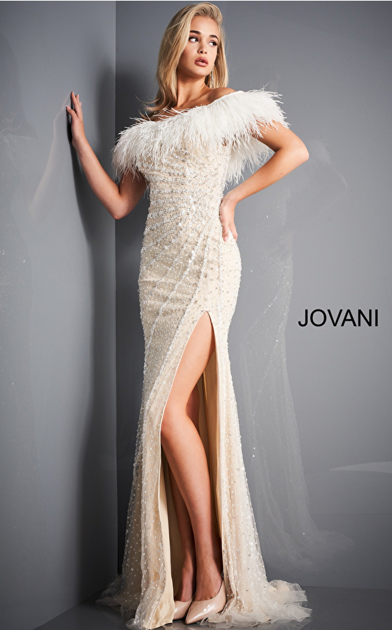 jovani Jovani 4770 Off White Nude High Slit Beaded Evening Dress