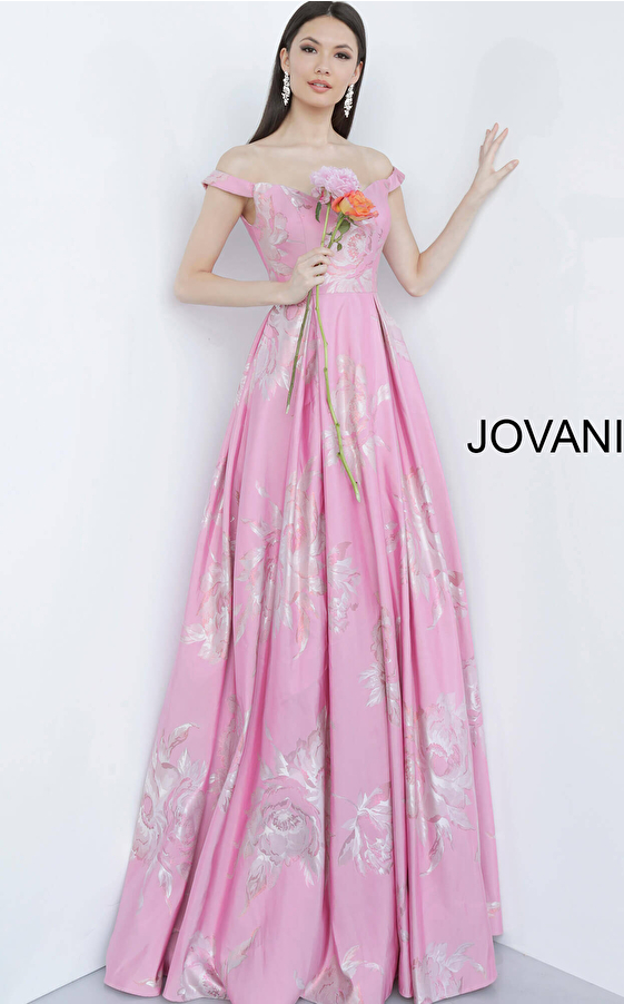 Jovani 48361 Black Off the Shoulder Flora Print Prom Ballgown 
