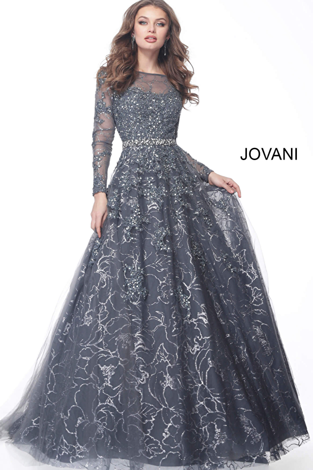 Model wearing Jovani style 51838 silver gray dress