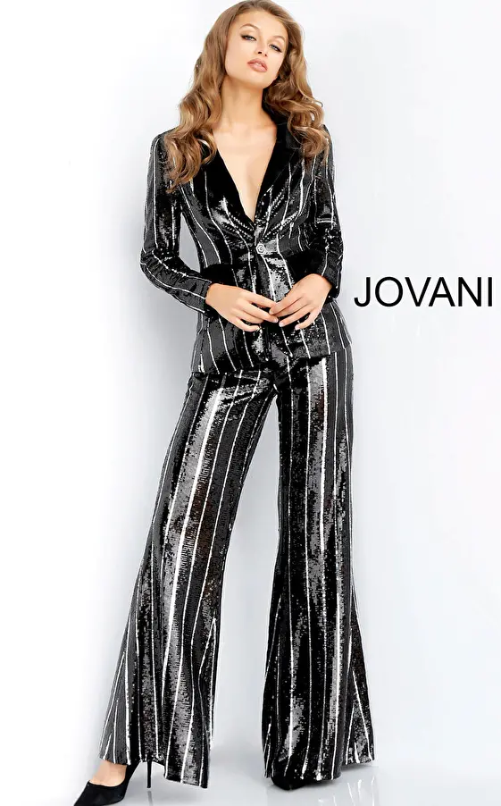 Jovani 54671 Black Silver Flare Leg Sequin Evening Pant Suit 