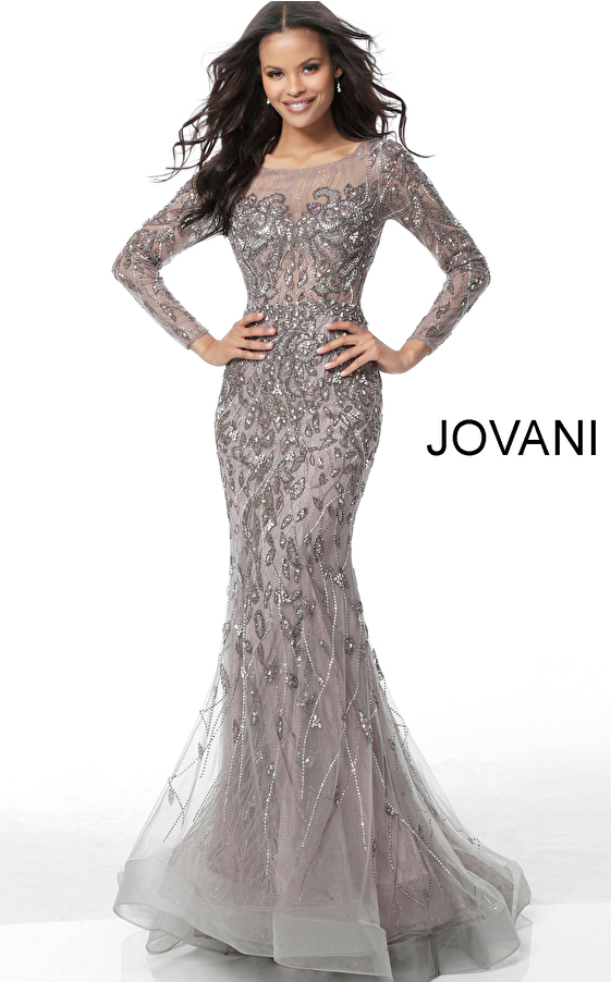 Jovani 58110 Mauve Beaded Long Sleeve Sheer Back Evening Dress 
