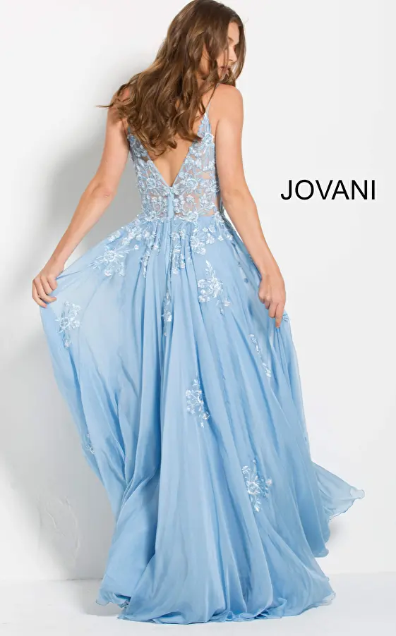 Light Blue Floral Embroidered Plunging Neckline Jovani Dress 58632