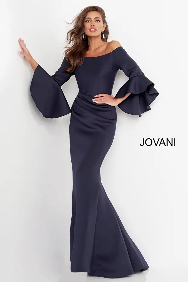 jovani Jovani 59993 Scuba Off the Shoulder Bell Sleeves Mother of the Bride Dress 