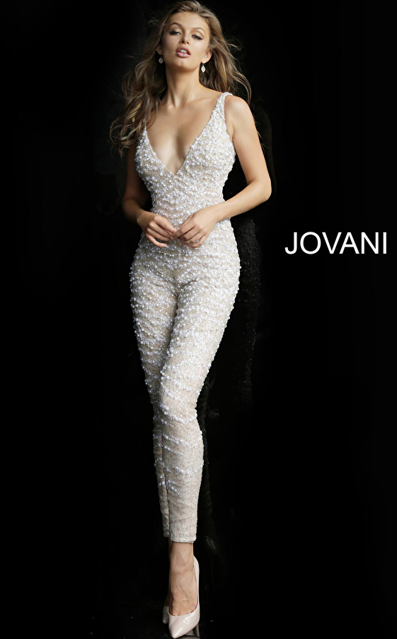 Nude White Plunging Neckline Beaded Prom Jumpsuit 60010