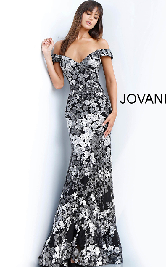 Jovani 61380 Black Grey Floral Embroidered Off the Shoulder Evening Dress 