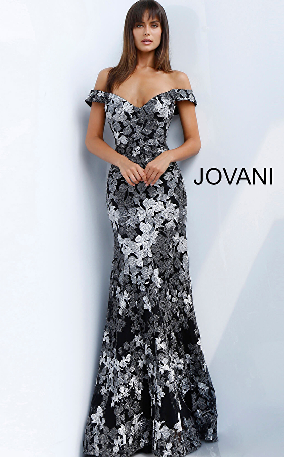 jovani Jovani 61380 Black Grey Floral Embroidered Off the Shoulder Evening Dress 