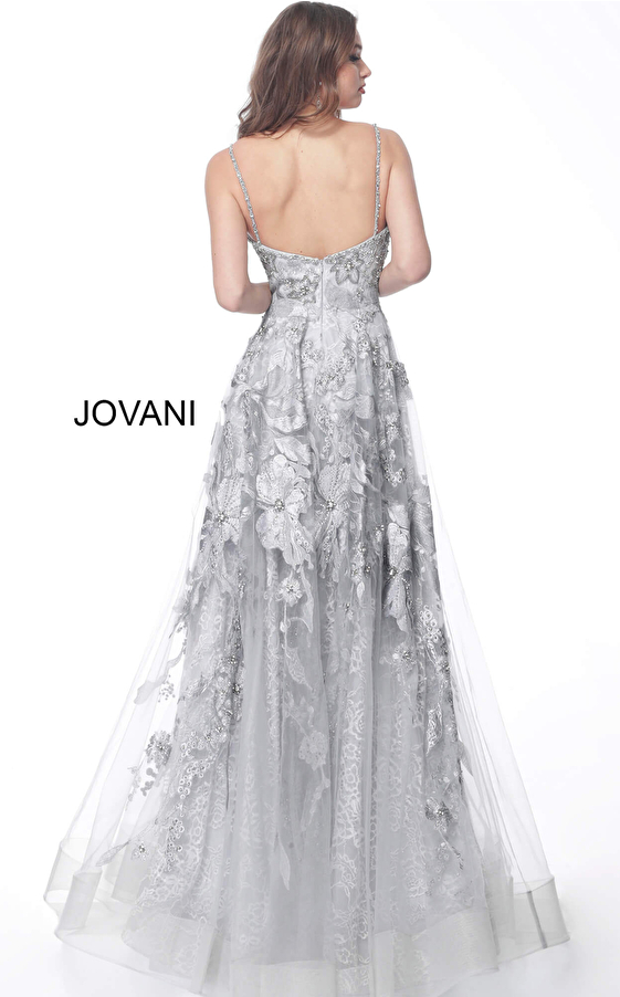 Jovani 62405 Silver Embellished Spaghetti Straps Evening Dress 