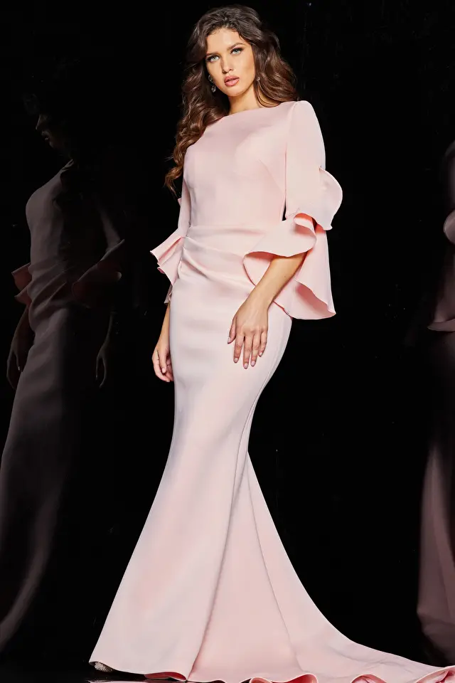 Model wearing Jovani style 63168 blush dress