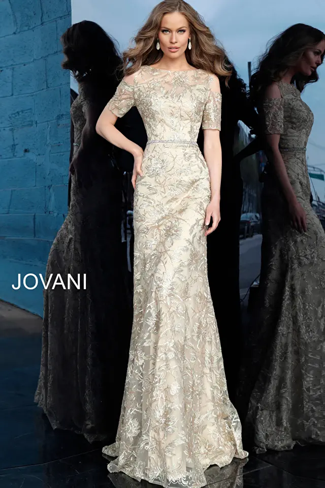 Model wearing Jovani style 63649 gold dress