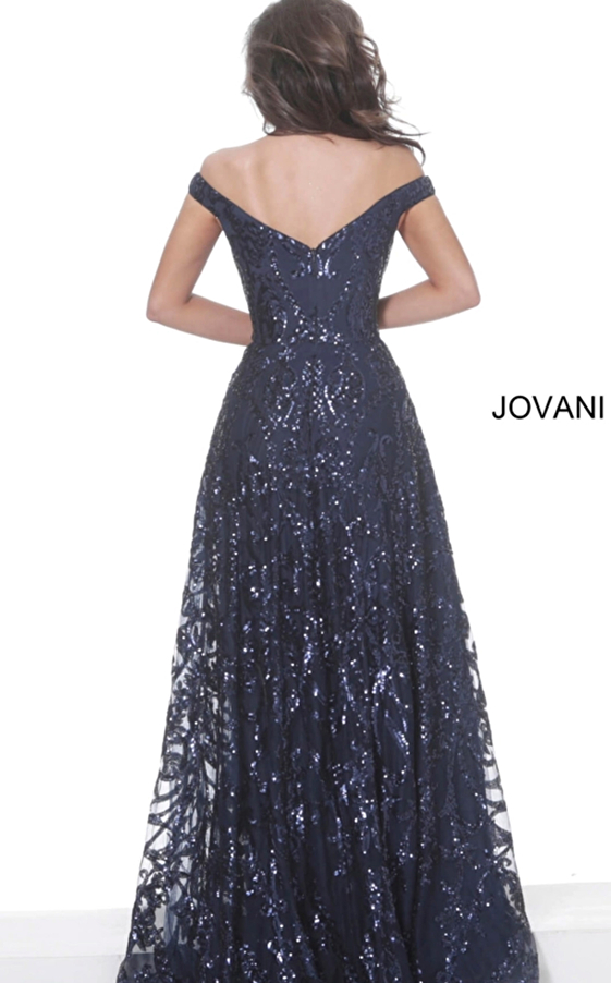 Jovani 02932 Navy Off the Shoulder Sequin Evening Dress 