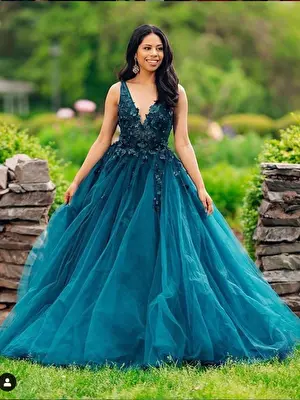 Jovani plunging neck teal prom gown 55634